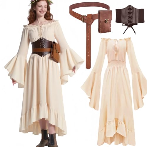 Mittelalter Kleidung Damen Set, Pirate Bluse Kleid Renaissance Feen Kostüm Hexen Bekleidung Time Travel Outfit mit Corsett, Gürteltasche, Gürtel, Faschingskostüm Festival Outfit (Apricot, L) von kasahara