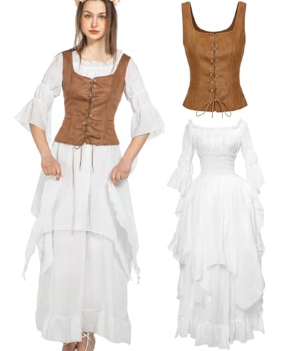 Mittelalter Kleidung Damen Set, Pirate Bluse Kleid Renaissance Feen Kostüm Hexen Bekleidung Time Travel Outfit mit Corsett, Gürteltasche, Gürtel, Faschingskostüm Festival Outfit (Khaki, L) von kasahara