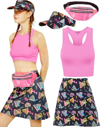 80er 90er Jahre Kostüm Damen Retro Trainingsanzug Workout Sport Outfit Skirt, Crop Top, Gürteltasche, Sonnenblenden Hut Karneval Faschingskostüm (RoseRed, M) von kasahara