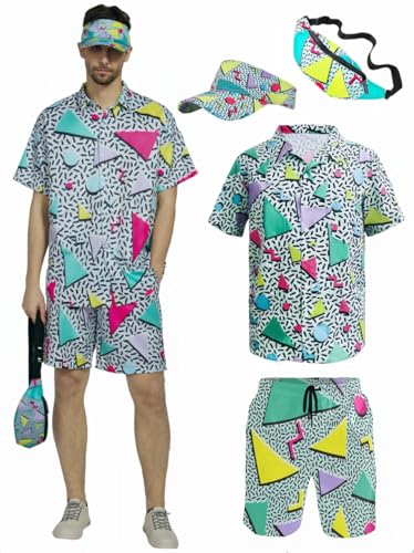 80er 90er Jahre Outfit Herren Hawaii Kurzarm Retro Hemd und Shorts Set mit Bauchtasche Sonnenblend Hut Karneval Faschingskostüm (Blue, 2XL) von kasahara