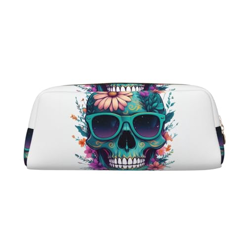 Federmäppchen mit Totenkopf und floralen Akzenten, Federmäppchen mit Reißverschluss, tragbares Schreibwaren-Organizer, Federmäppchen – Büro und Reisen, Gold, One Size, Art-Deco von kastiong