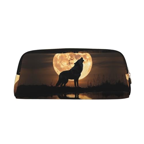 Federmäppchen mit Wolf-Motiv, Motiv: Heulender unter dem Mond, Federmäppchen mit Reißverschluss, tragbares Schreibwaren-Organizer, Federmäppchen – Büro und Reisen, Gold, One Size, Art-Deco von kastiong