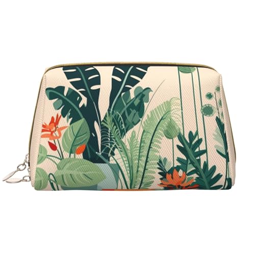 Tragbare Leder-Make-up-Tasche für Damen – Reise-Kosmetik-Organizer, große Cartoon-Make-up-Tasche mit grünem Pflanzendruck von kastiong