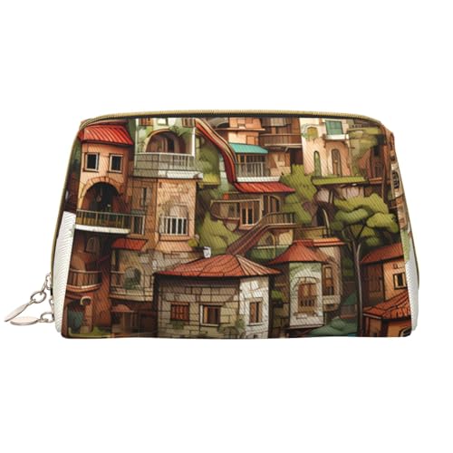 Tragbare Make-up-Tasche aus Leder für Damen – Reise-Kosmetik-Organizer, große Make-up-Tasche mit Traumschloss-Aufdruck von kastiong