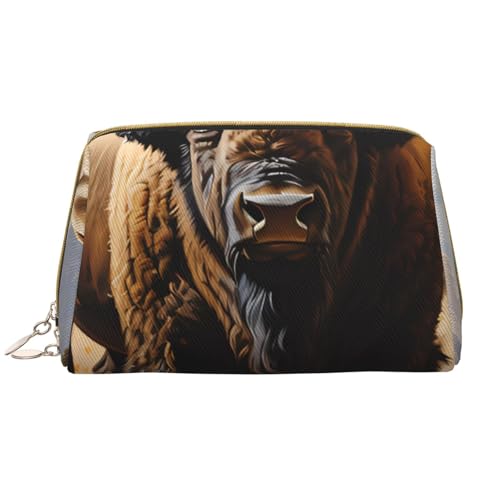 kastiong Tragbare Leder-Make-up-Tasche für Damen – Reise-Kosmetik-Organizer, große Kosmetiktasche mit nordamerikanischem Bison-Herdenaufdruck von kastiong