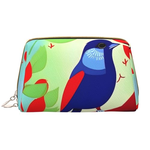 kastiong Tragbare Leder-Make-up-Tasche für Damen – Reise-Kosmetik-Organizer, große Make-up-Tasche mit rotem Blatt-Vogel-Druck von kastiong