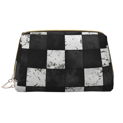 kastiong Tragbare Make-up-Tasche aus Leder für Damen, Reise-Kosmetik-Organizer, groß, schwarz-weiß, Schachbrettmuster, Make-up-Tasche von kastiong