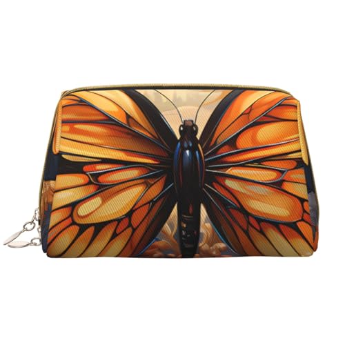kastiong Tragbare Make-up-Tasche aus Leder für Damen – Reise-Kosmetik-Organizer, groß, orangefarbener Schmetterlings-Blumendruck, Make-up-Tasche von kastiong