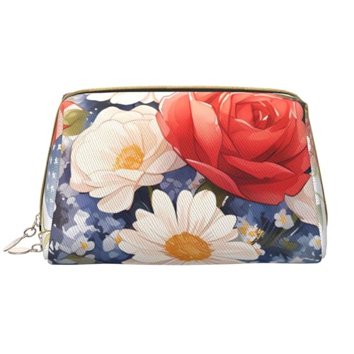 kastiong Tragbare Make-up-Tasche aus Leder für Damen – Reise-Kosmetik-Organizer, große Flaggen und Blumendruck-Make-up-Tasche von kastiong