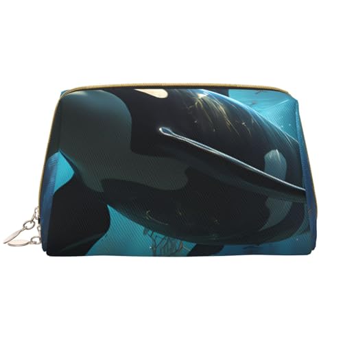 kastiong Tragbare Make-up-Tasche aus Leder für Damen – Reise-Kosmetik-Organizer, große Killerwale mit Aufdruck von kastiong