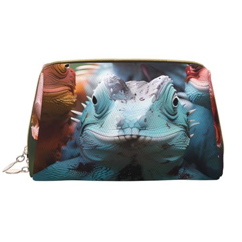 kastiong Tragbare Make-up-Tasche aus Leder für Damen – Reise-Kosmetik-Organizer, große Make-up-Tasche mit 4 bunten Eidechsen von kastiong