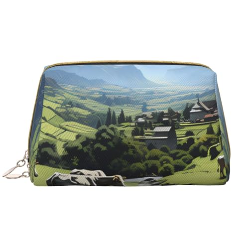 kastiong Tragbare Make-up-Tasche aus Leder für Damen – Reise-Kosmetik-Organizer, große Make-up-Tasche mit Alpenbauernhof-Kühen von kastiong