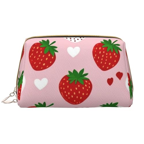 kastiong Tragbare Make-up-Tasche aus Leder für Damen – Reise-Kosmetik-Organizer, große Make-up-Tasche mit Erdbeer- und Herz-Aufdruck von kastiong