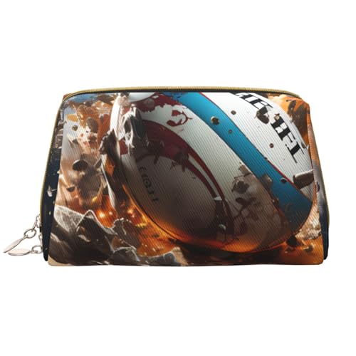 kastiong Tragbare Make-up-Tasche aus Leder für Damen – Reise-Kosmetik-Organizer, große Make-up-Tasche mit Rugby-Aufdruck auf Feuer von kastiong