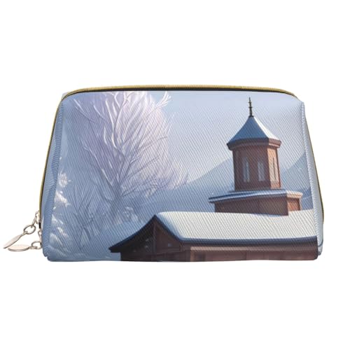 kastiong Tragbare Make-up-Tasche aus Leder für Damen – Reise-Kosmetik-Organizer, große Make-up-Tasche mit Winterlandschaftsdruck von kastiong