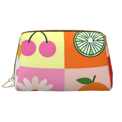 kastiong Tragbare Make-up-Tasche aus Leder für Damen – Reise-Kosmetik-Organizer, große Make-up-Tasche mit lebhaftem Obst- und Blumendruck von kastiong