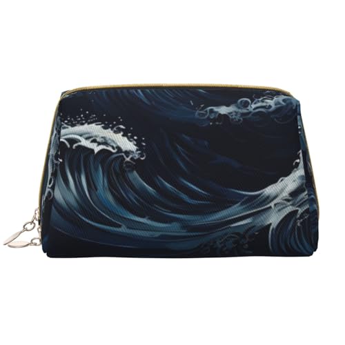 kastiong Tragbare Make-up-Tasche aus Leder für Damen – Reise-Kosmetik-Organizer, große Ozeanwellen in blauem Aufdruck, Make-up-Tasche von kastiong