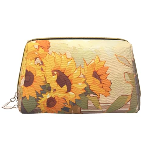 kastiong Tragbare Make-up-Tasche aus Leder für Damen – Reise-Kosmetik-Organizer, große Sonnenblumen an der Fensterbank, bedruckte Make-up-Tasche von kastiong