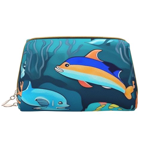 kastiong Tragbare Make-up-Tasche aus Leder für Damen – Reise-Kosmetik-Organizer, große U-Boot-Delfin-Druck-Make-up-Tasche von kastiong