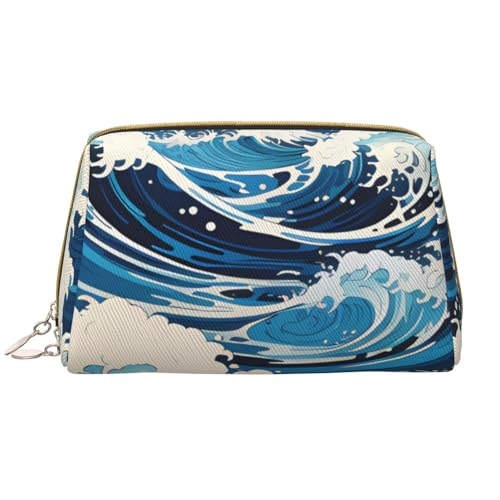kastiong Tragbare Make-up-Tasche aus Leder für Damen – Reise-Kosmetik-Organizer, große Ukiyo-e-Stil mit Wellen-Aufdruck, Make-up-Tasche von kastiong