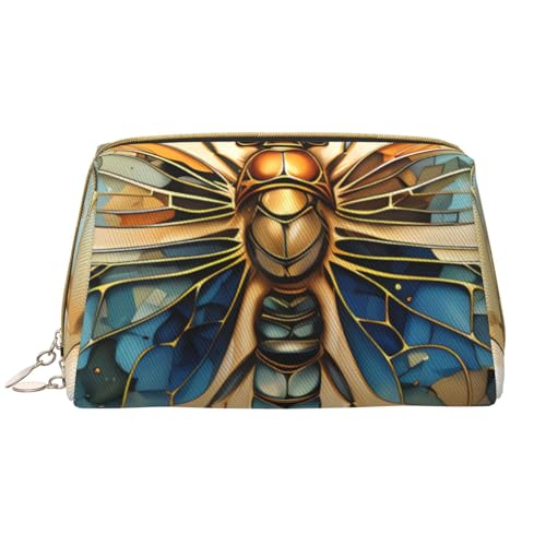 kastiong Tragbare Make-up-Tasche aus Leder für Damen – Reise-Kosmetik-Organizer, große goldene Libelle auf gelbem Druck, Make-up-Tasche kastiong Tragbare Make-up-Tasche aus Leder für Damen – Reise-Kosmetik-Organizer, große goldene Libelle auf gelbem Druck, Make-up-Tasche von kastiong