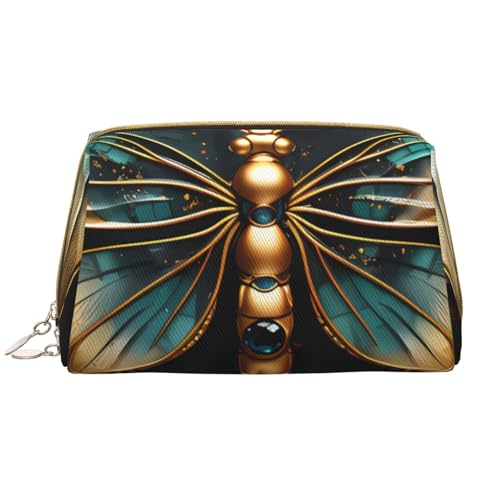 kastiong Tragbare Make-up-Tasche aus Leder für Damen – Reise-Kosmetik-Organizer, große goldene Libellen-Blumen-Druck-Make-up-Tasche von kastiong