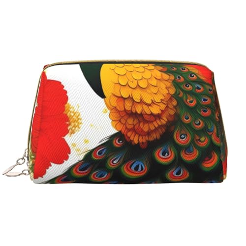 kastiong Tragbare Make-up-Tasche aus Leder für Damen – Reise-Kosmetik-Organizer, großer Pfauen-roter Blumendruck, Make-up-Tasche, weiß, Einheitsgröße, Art-Deco, Weiß, Einheitsgröße, Art-Deco von kastiong
