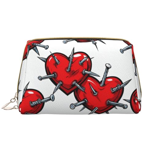 kastiong Tragbare Make-up-Tasche aus Leder für Damen – Reise-Kosmetik-Organizer, großes rotes Herz mit silbernen Nägeln von kastiong