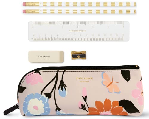 kate spade new york Federmappe mit Schulbedarf, Reißverschlusstasche inkl. 2 Bleistifte, Spitzer, Radiergummi und Lineal, Blumengarten, S, Federmäppchen von kate spade new york