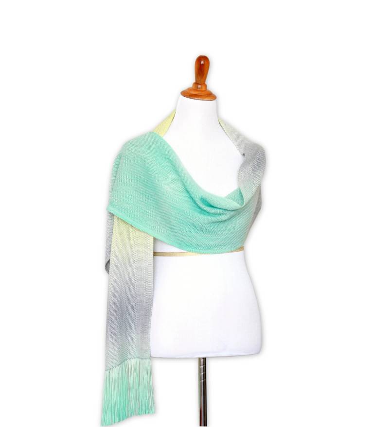 Handgewebter Merino Wolle Schal Gelb, Mintgrün & Grau Pashmina Wrap von katerynaG