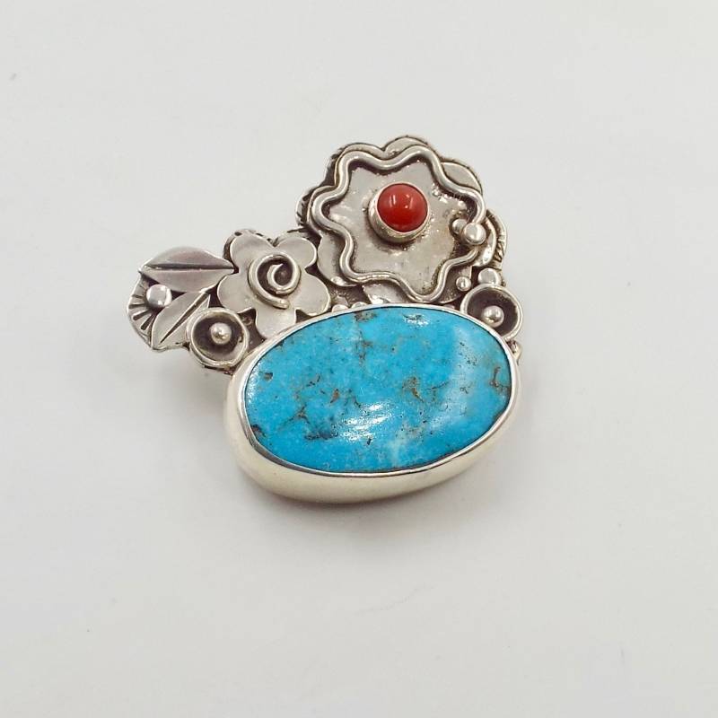 Türkis Und Koralle Sterling Silber Anhänger Mit Blumen Blättern, Kingman Mines Türkis Und Koralle Sterling Silber Anhänger Mit Blumen Blättern, Kingman Mines von katherinefathisilver