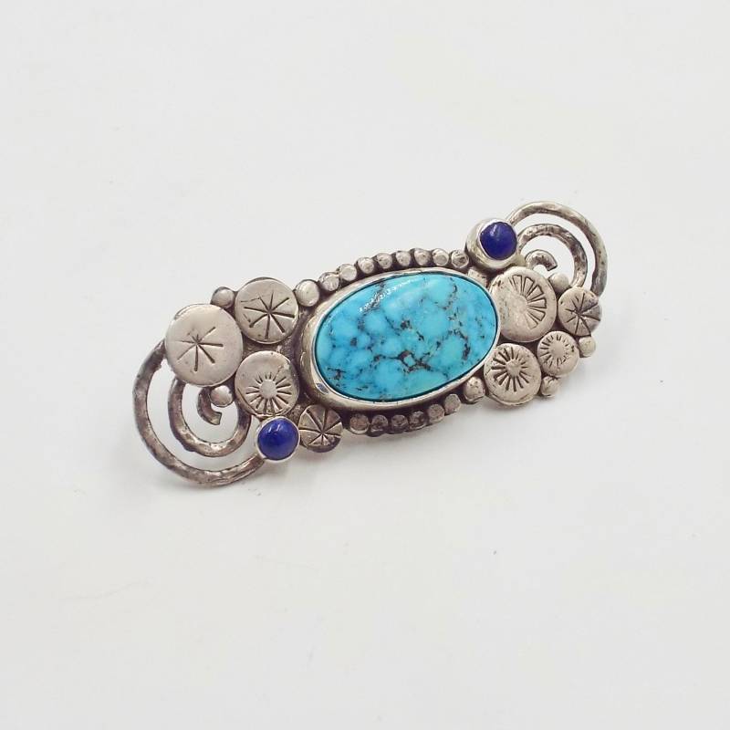 Türkis Und Lapis Sterling Anhänger Mit Silber Spiralen Kreis Ornamente, Royston Nevada Mines Türkis Und Lapis Sterling Anhänger Mit Silber Spiralen Kreis Ornamente, Royston Nevada Mines von katherinefathisilver