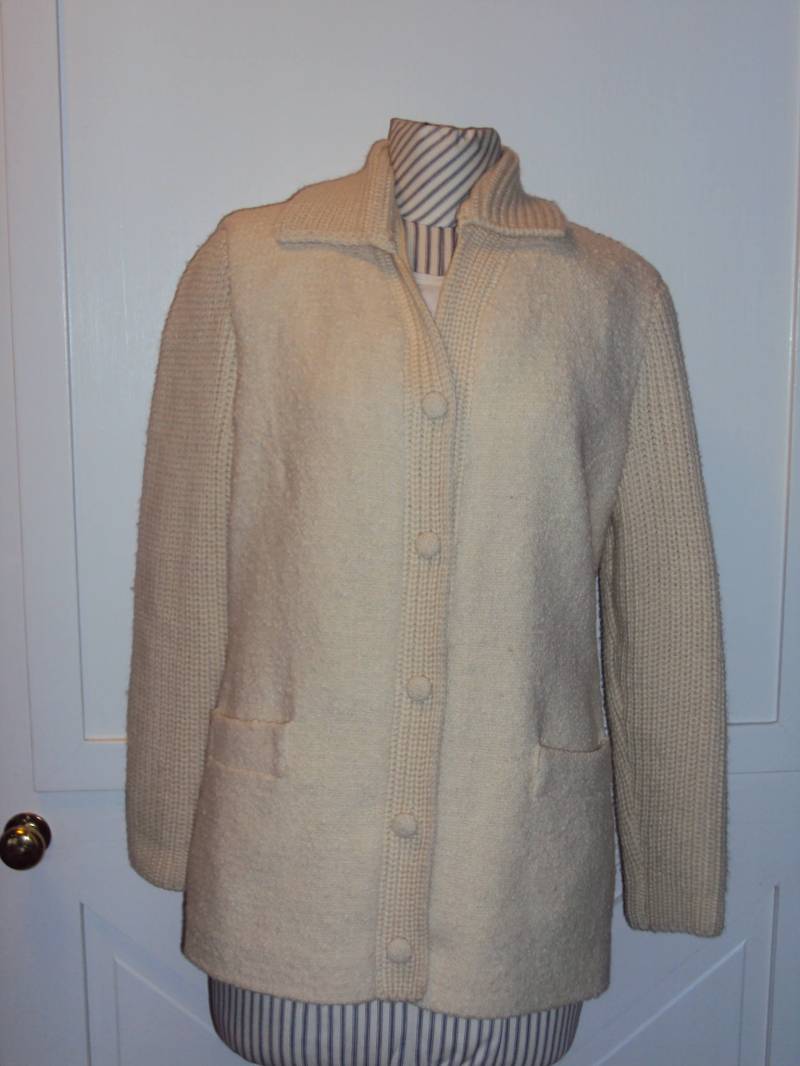 Vintage 100% Creme/Elfenbein Damen Wolle Freedom Wear Irish Tweed Gefüttert Cardigan Pullover Größe Medium/ Button Up Pullover/ Boucle von kathysfuncreations
