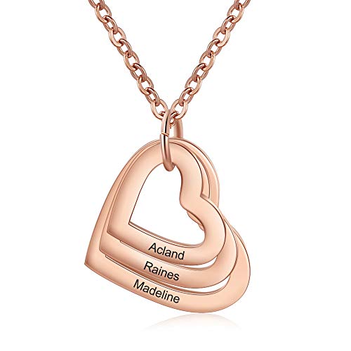 kaululu Halskette Damen Personalisiertes Kette mit Namen Herz 1-4 Familie Kinder Namen Edelstahl Anhänger Namenskette für Mama Muttertagsgeschenk Personalisierter Schmuck (3 Heart R) von kaululu