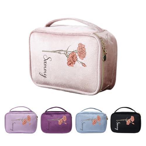 Kaululu Klein Kosmetiktasche Damen Personalisierte Kulturtasche Graviert mit Geburtstagsblume und Name Kosmetiktasche zum Aufhängen Make Up Tasche Cosmetic Bag Organizer für Reisen (C) von kaululu