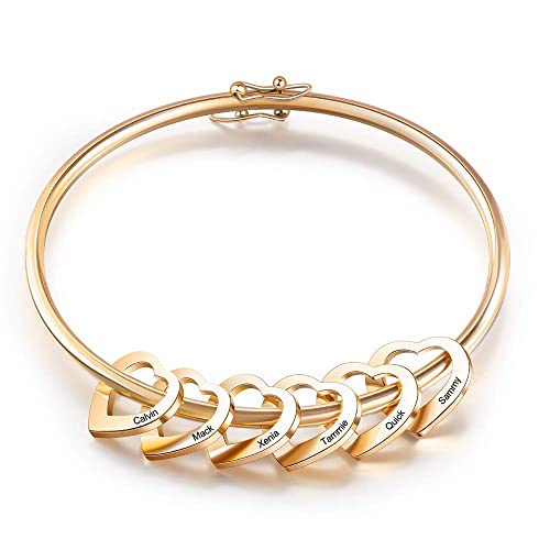 kaululu Damen Personalisierte Armbänder mit 6 Familie BFF Namen Frauen Herz Anhänger Personalisierte Gravur Namen Schmuck Armband für Mutter Tochter Geburtstags Geschenk（Gold） von kaululu