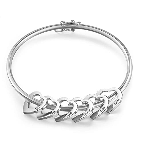 kaululu Damen Personalisierte Armbänder mit 6 Familie BFF Namen Frauen Herz Anhänger Personalisierte Gravur Namen Schmuck Armband für Mutter Tochter Geburtstags Geschenk（Silver） von kaululu