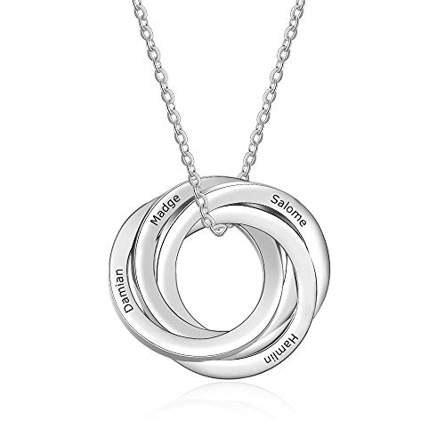 kaululu Damen Russische Ring Disc Halskette mit 4 Namen Gravur Edelstahl Anhänger Kette mit Gravur Personalisierter Schmuck Familie Kette von kaululu