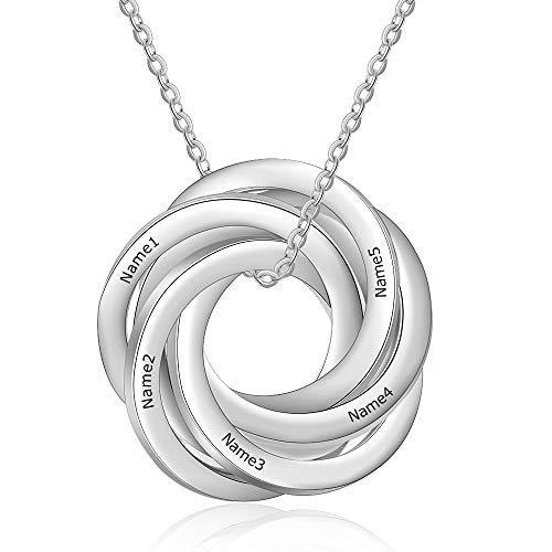 kaululu Damen Russische Ring Disc Halskette mit 5 Namen Gravur Edelstahl Anhänger Kette mit Gravur Personalisierter Schmuck Familie Kette von kaululu