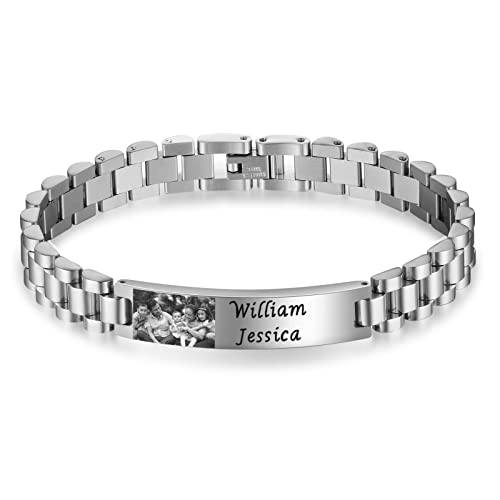 kaululu Herren Armbänder mit Namen Foto Gravur Personalisierte Armbänder Silber Edelstahl für Männer Schmuck Geschenke für ihn Vater und Sohn Bruder Ehemann von kaululu