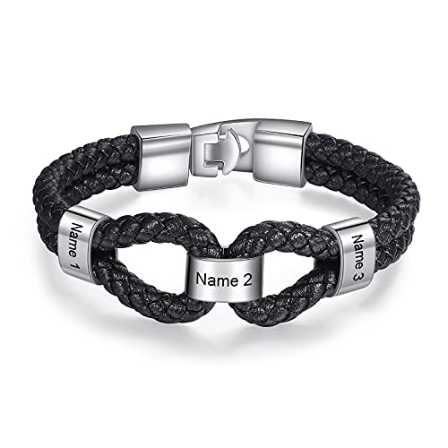 kaululu Herren Armbander 3 Namen Schmuck Schwarz Flechten Leder Band Edelstahl Plaque mit Namen Personalisiert Geschenk für Vatertag Weihnachtstag Geburtstag von kaululu