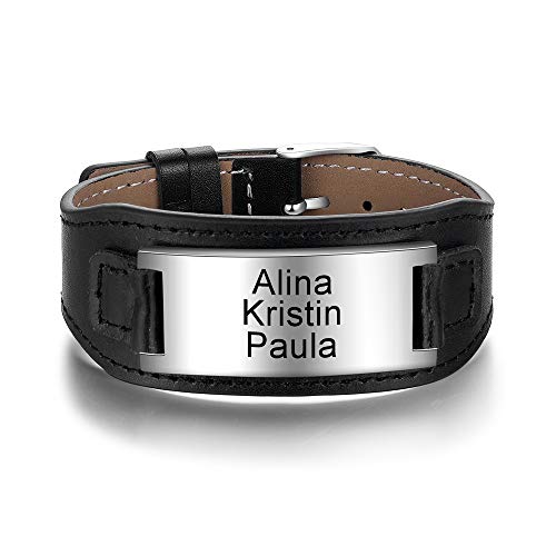 kaululu Herren Damen Personalisierte Lederarmbänder mit Namen Gravur Medical Alert ID Notfallarmband Edelstahl Armbänder für Männer Frauen Personalisierte Geschenke (#3) von kaululu