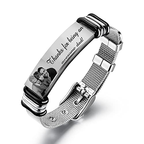 kaululu Herren Personalisiert Armbander mit Namen Foto Gravur Silber Edelstahl Armband Geschenk für ihn Vatertag/Valentinstag/Geburtstag/Weihnachten von kaululu