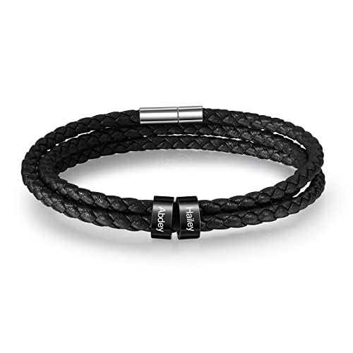 kaululu Personalisierte Herren Armbänder mit 2-5 Namen Gravur Beads Schwarz Leder Armbänder für Männer Frauen BFF Personalisierte Geschenke für Vatertag Weihnachten Geburtstag von kaululu