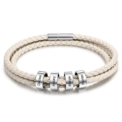 kaululu Personalisierte Herren Armbänder mit 2-5 Namen Gravur Beads Schwarz Leder Armbänder für Männer Frauen BFF Personalisierte Geschenke für Vatertag Weihnachten Geburtstag von kaululu