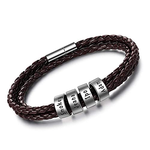 kaululu Herren Personalisierte Braun Lederarmbänder mit 1-5 Beads Familie Paar Namen mit Gravur Herren Armbänder für Männer Frauen Bff Personalisierte Geschenke für Geburtstag (4 Ring) von kaululu