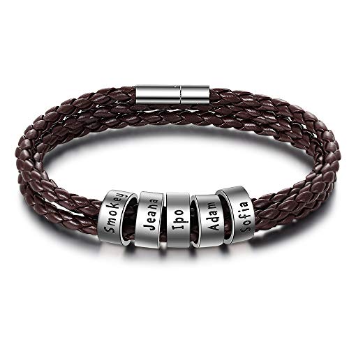 kaululu Herren Personalisierte Braun Lederarmbänder mit 1-5 Beads Familie Paar Namen mit Gravur Herren Armbänder für Männer Frauen Bff Personalisierte Geschenke für Geburtstag (5 Ring) von kaululu