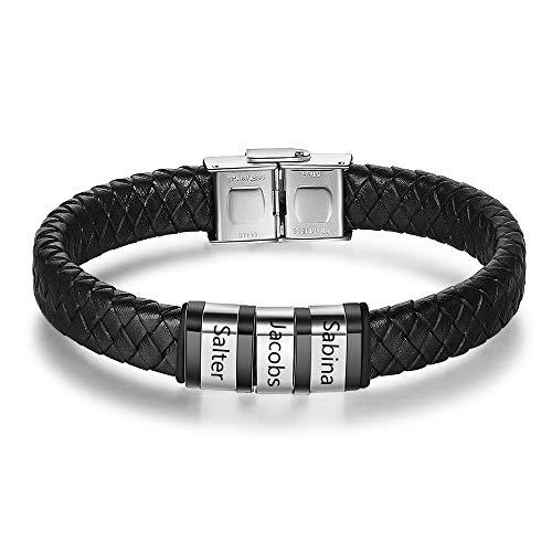 kaululu Herren Personalisierte Schwarze Lederarmbänder mit 3 Beads Familie Paar Namen mit Gravur Herren Armbänder für Männer Frauen BFF Personalisie Armketterte(Silver) von kaululu