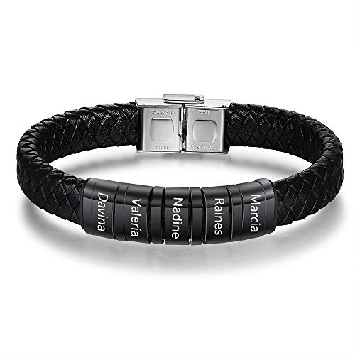 kaululu Personalisierte Schwarze Herren Lederarmbänder mit 1-6 Beads Familie Kinder Namen mit Gravur Herren Armbänder für Männer Papa Bff Personalisie Schmuck Geschenke von kaululu