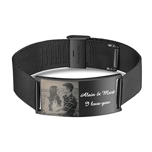 kaululu Personalisiert Armband für Herren Armbander mit Foto Namen Gravur Mesh Edelstahl Armband Schwarz Geschenke für Vatertag/Valentinstag/Geburtstag/Weihnachten von kaululu